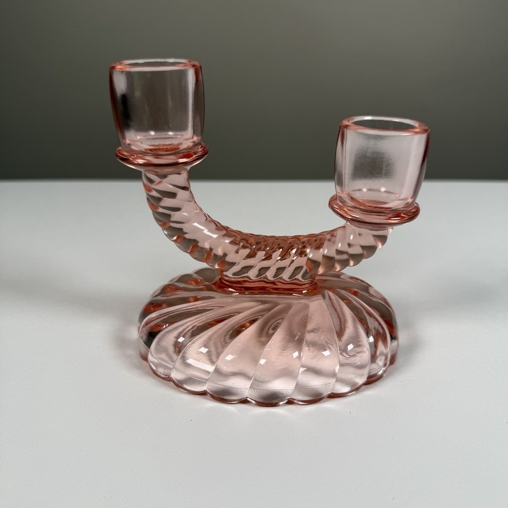 Vintage Pink Depression Glass Double Candlestick Holder Twisted Swirl Arms